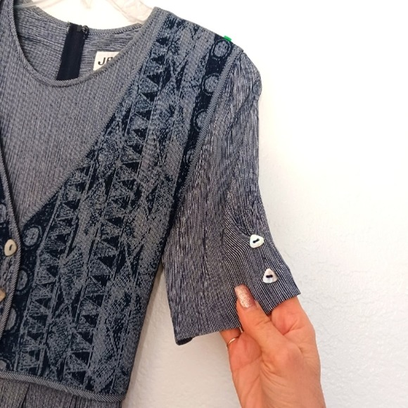 Vintage Maxi Blue Dress Tie Back Vest Crinkle Rayon MOTHER OF PEARL BUTTONS - Picture 5 of 15